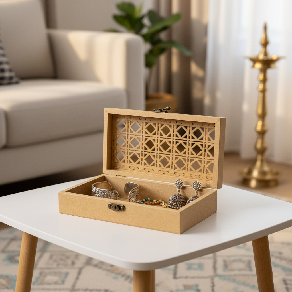 MDF lattice lid storage box with metal clasp for DIY decor and craft use