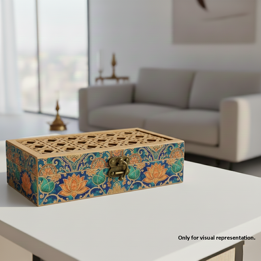 Painted MDF lattice lid storage box with metal clasp for DIY decor and craft use