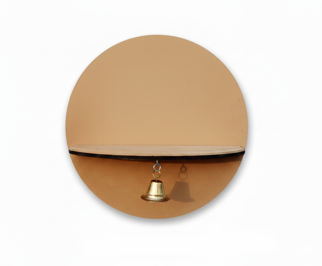 MDF round wall shelf with hanging bell for DIY decor and temple display use