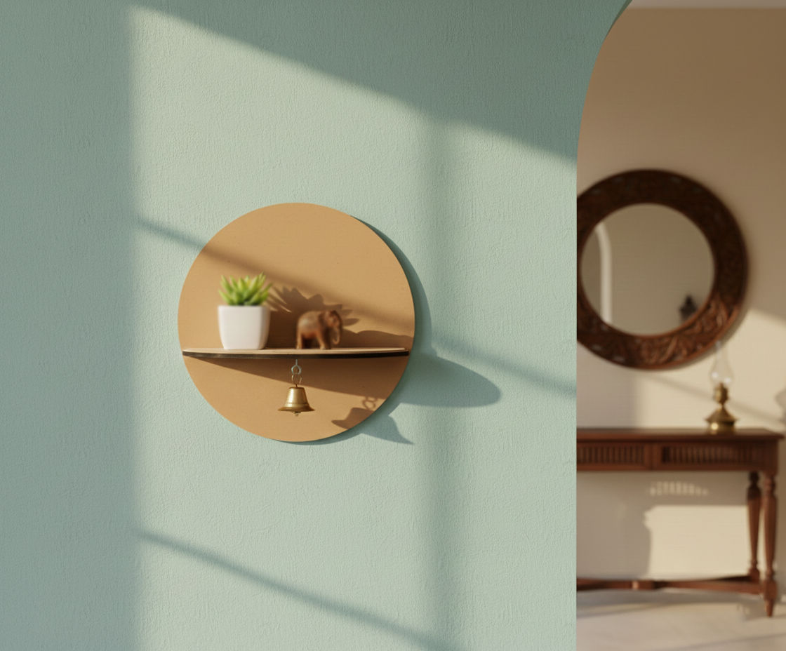 MDF round wall shelf with hanging bell for DIY decor and temple display use mounted on wall