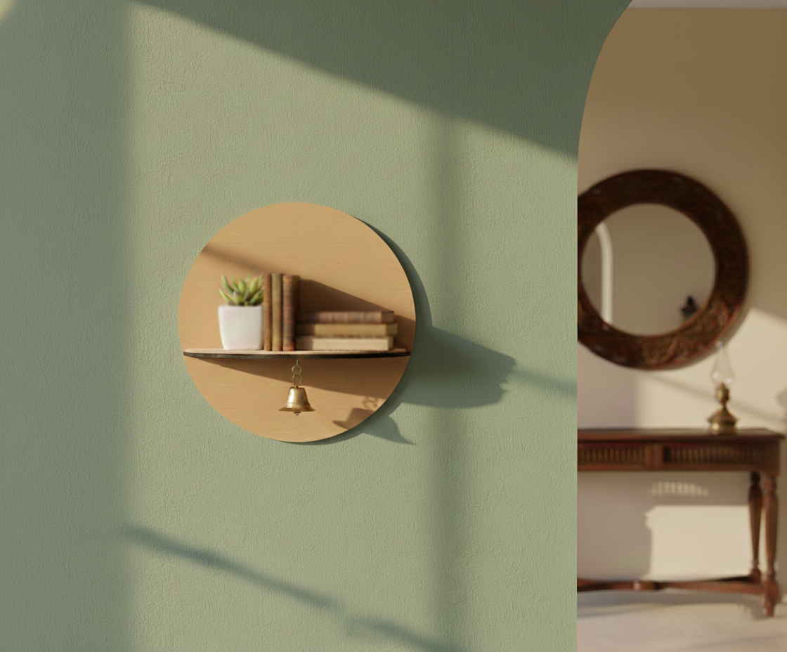 MDF round wall shelf with hanging bell for DIY decor and temple display use mounted on wall