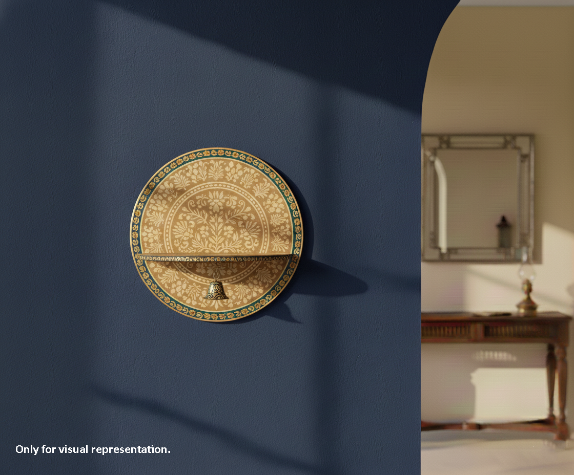 MDF round wall shelf with hanging bell for DIY decor and temple display use mounted on wall