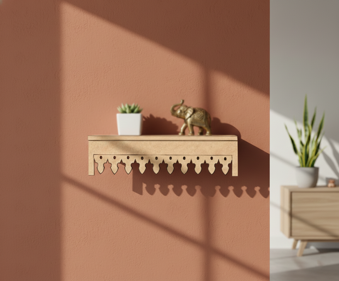 MDF decorative shelf border design DIY craft wall decor base with laser cut pattern, mounted on wall
