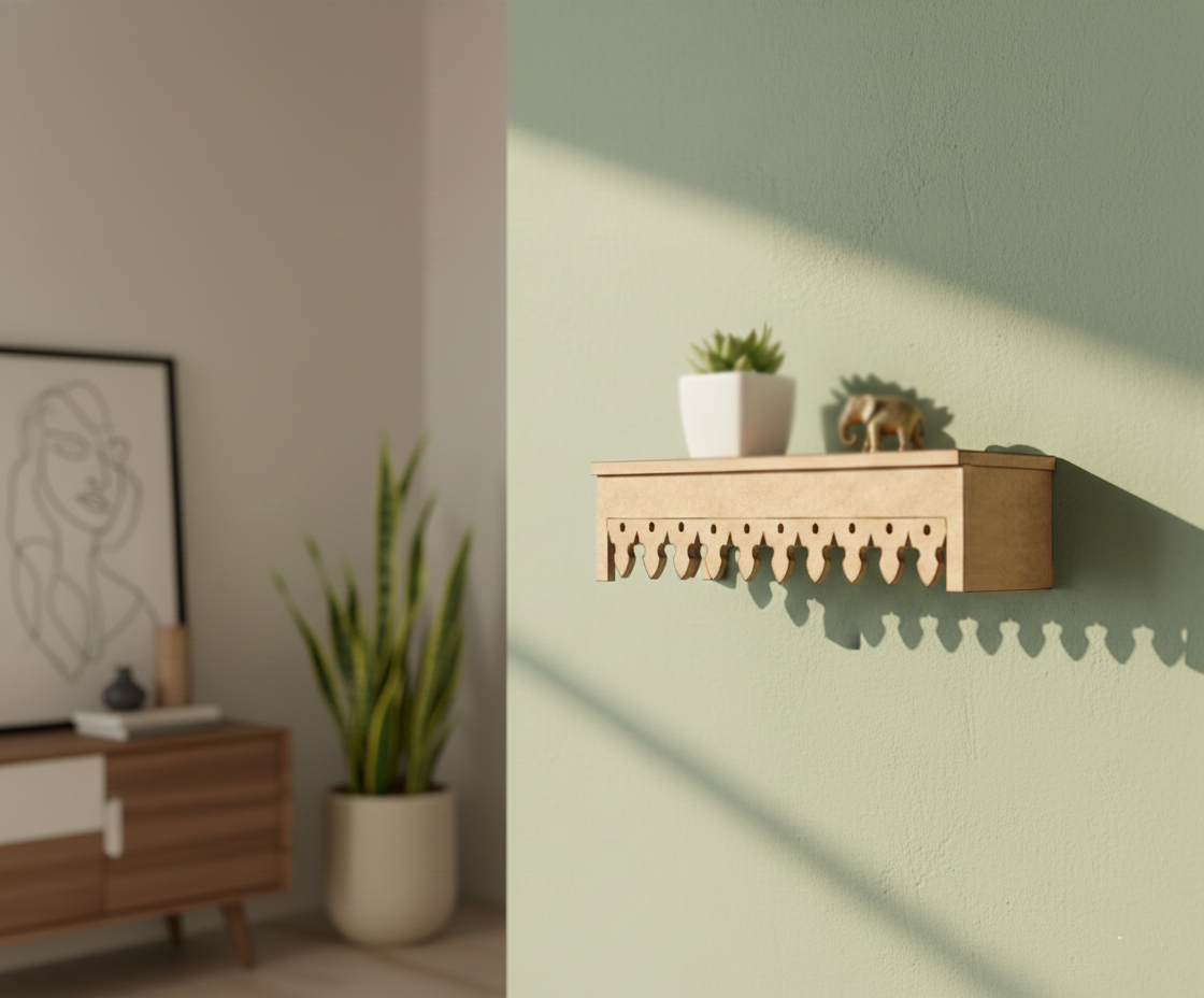 MDF decorative shelf border design DIY craft wall decor base with laser cut pattern, mounted on wall