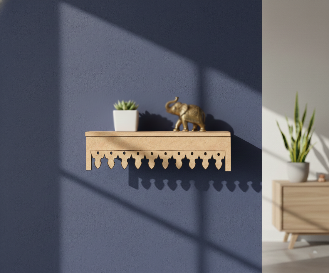 MDF decorative shelf border design DIY craft wall decor base with laser cut pattern, mounted on wall