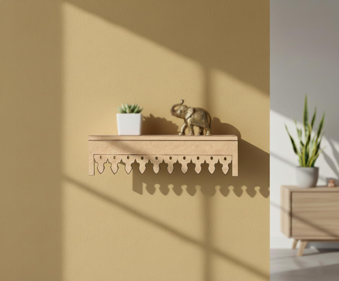 MDF decorative shelf border design DIY craft wall decor base with laser cut pattern, mounted on wall