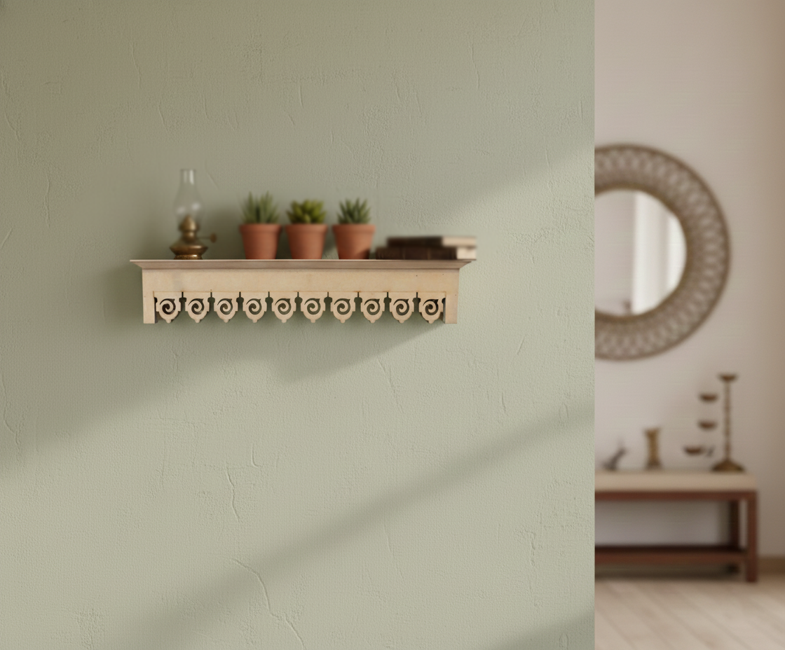MDF decorative wall shelf with carved design for DIY decor display mounte on wall