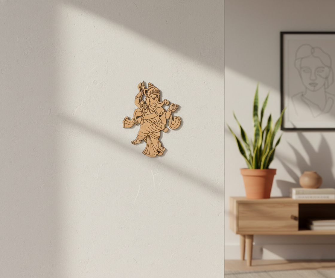 MDF dancing Ganesha wall decor design DIY craft cutout with laser engraving, mounted on wall