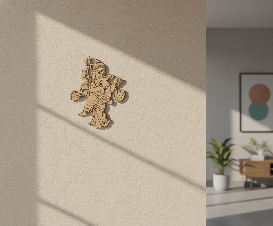 MDF dancing Ganesha wall decor design DIY craft cutout with laser engraving, mounted on wall
