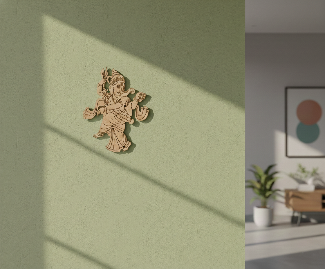 MDF dancing Ganesha wall decor design DIY craft cutout with laser engraving, mounted on wall