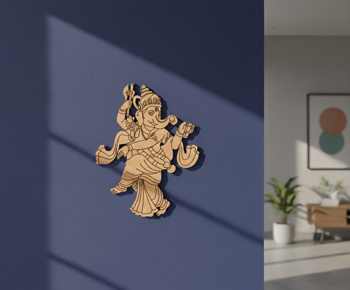 MDF dancing Ganesha wall decor design DIY craft cutout with laser engraving, mounted on wall