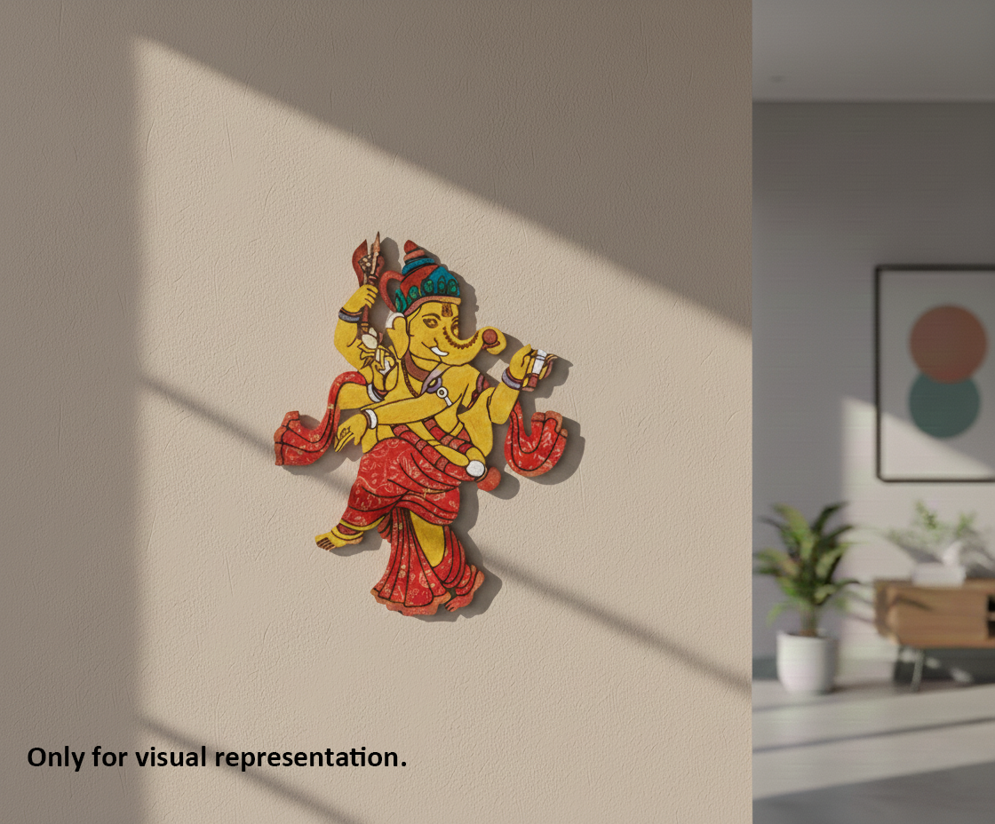 Painted MDF dancing Ganesha wall decor design DIY craft cutout with laser engraving, mounted on wall