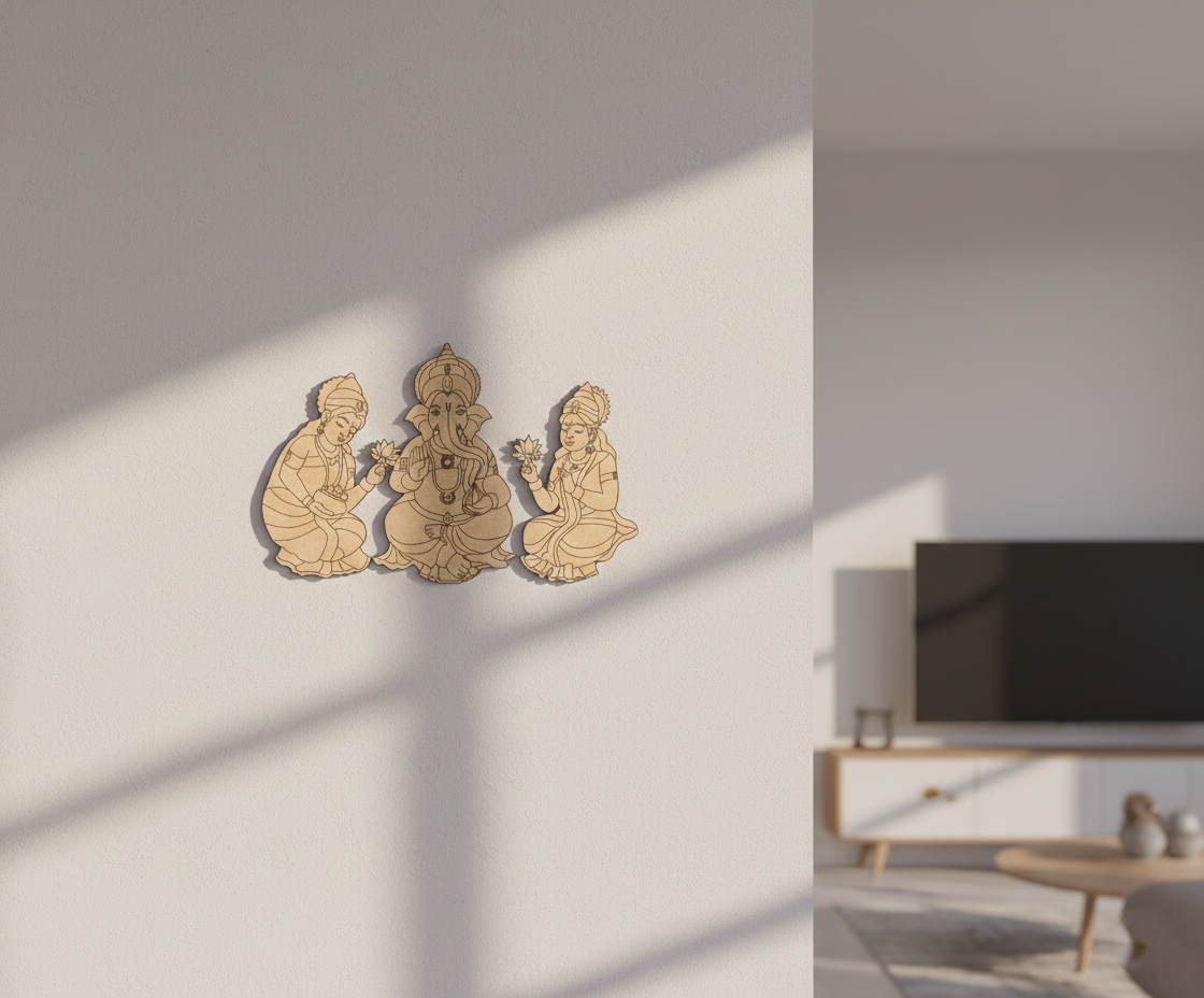 MDF Ganesha Lakshmi Saraswati wall decor DIY craft cutout with laser engraved design, mounted on wall
