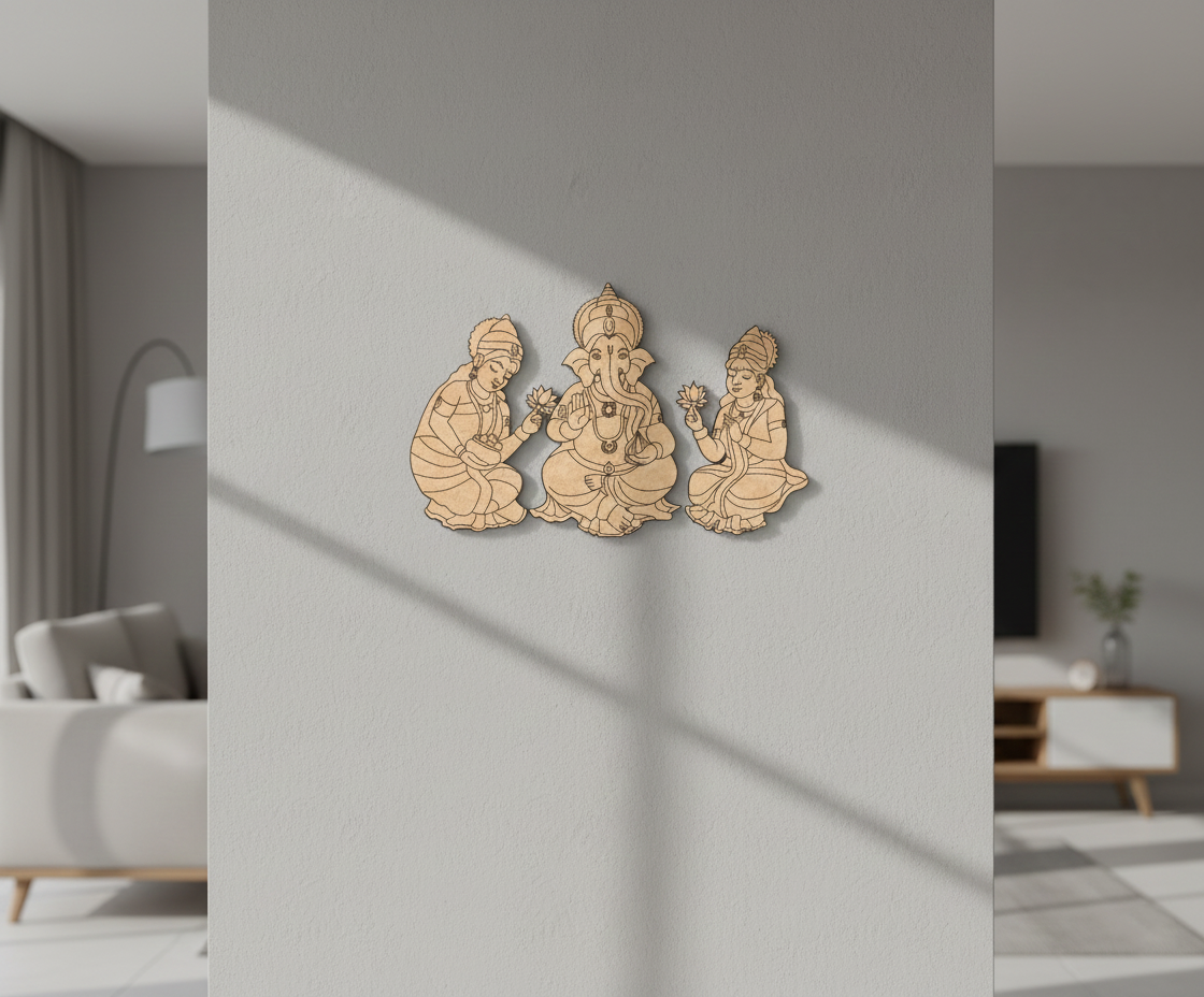 MDF Ganesha Lakshmi Saraswati wall decor DIY craft cutout with laser engraved design, mounted on pillar