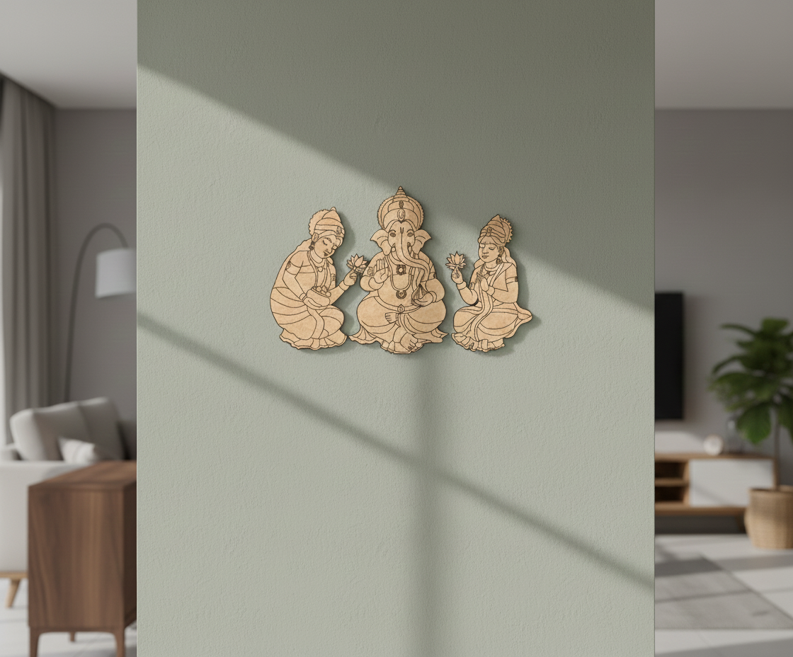 MDF Ganesha Lakshmi Saraswati wall decor DIY craft cutout with laser engraved design, mounted on pillar