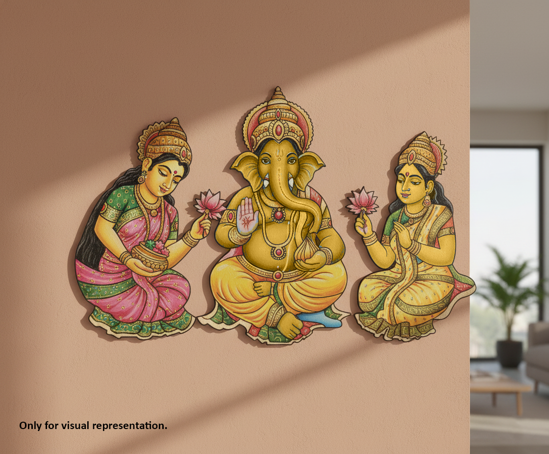 Painted MDF Ganesha Lakshmi Saraswati wall decor DIY craft cutout with laser engraved design, mounted on wall