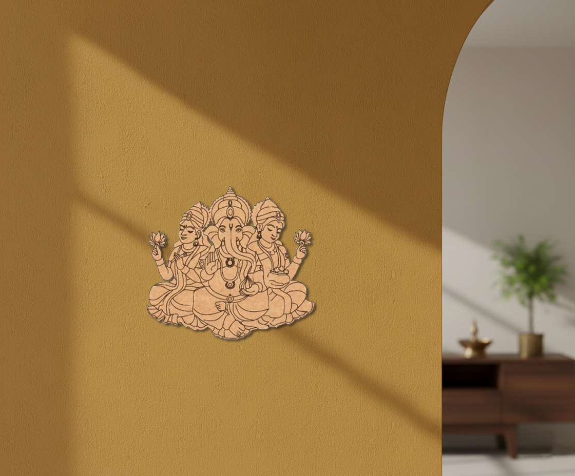 MDF Ganesh Lakshmi Saraswati wall decor cutout for DIY painting and spiritual craft projects, mounted on wall