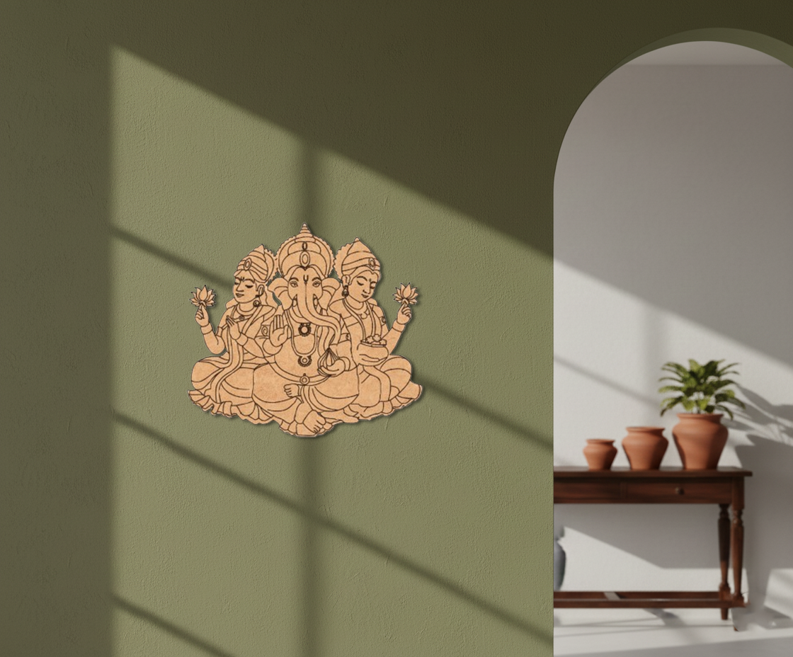 MDF Ganesh Lakshmi Saraswati wall decor cutout for DIY painting and spiritual craft projects, mounted on wall