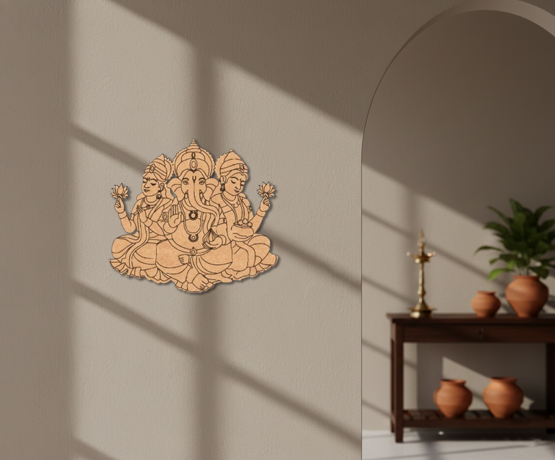 MDF Ganesh Lakshmi Saraswati wall decor cutout for DIY painting and spiritual craft projects, mounted on wall