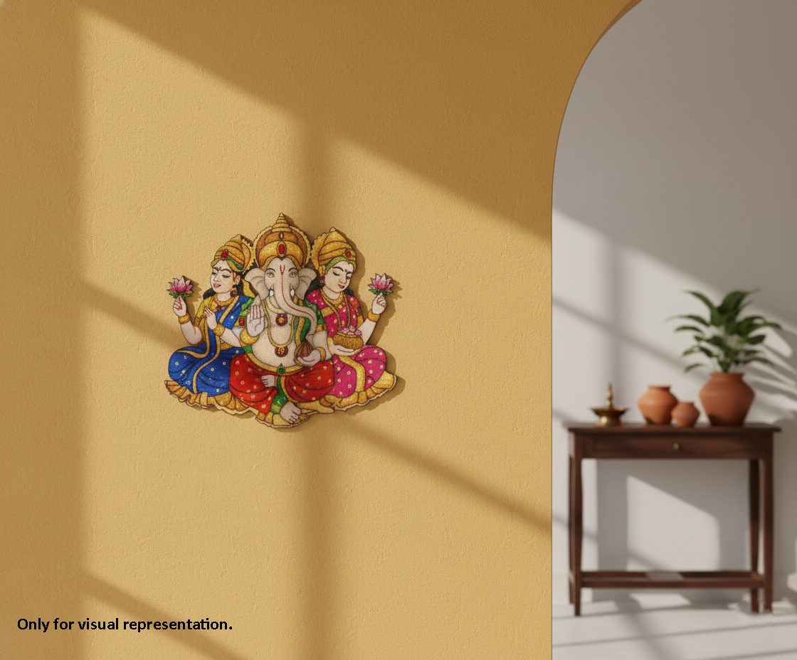 Painted MDF Ganesh Lakshmi Saraswati wall decor cutout for DIY painting and spiritual craft projects, mounted on wall