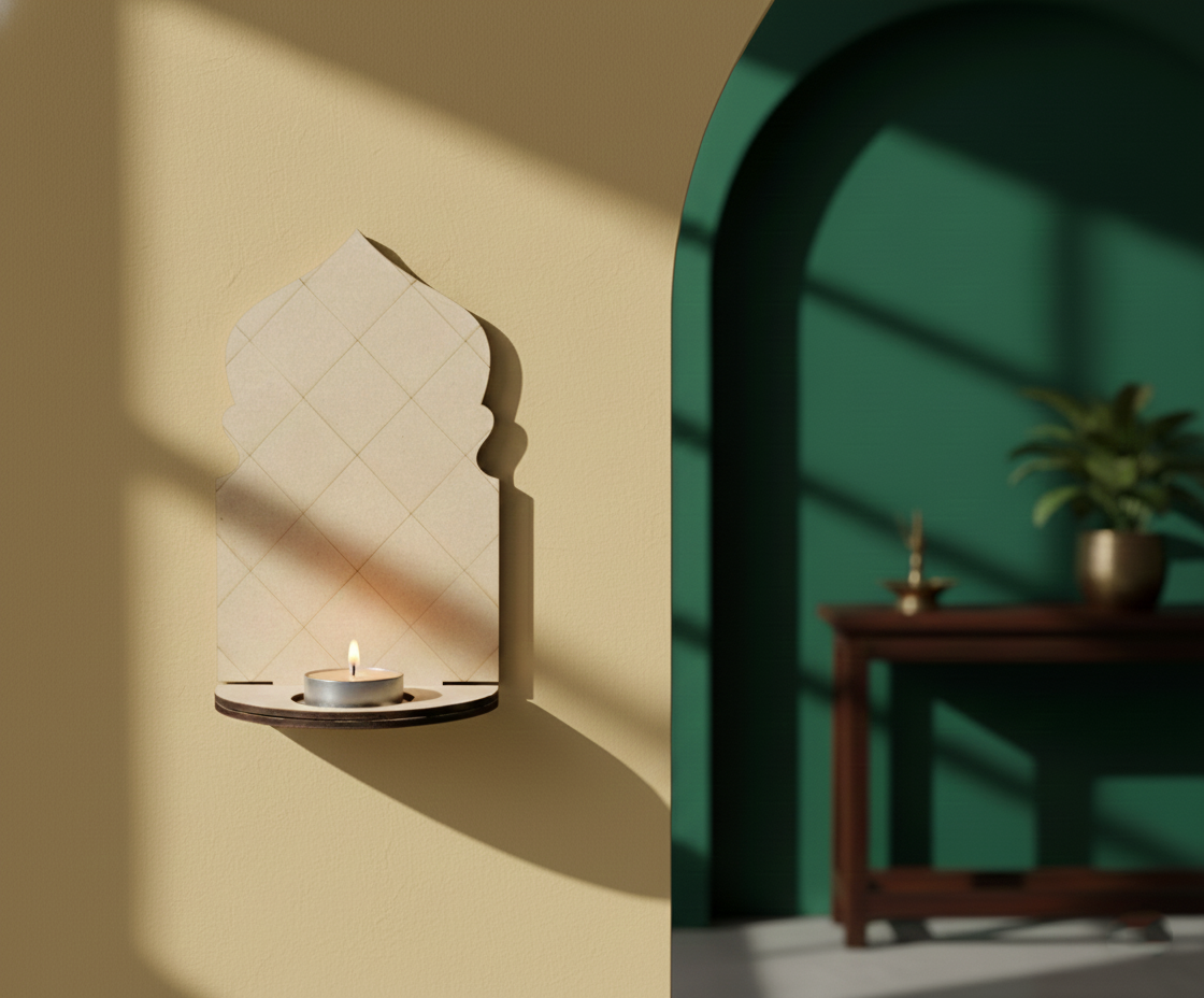 MDF arch backdrop candle stand for DIY decor, tealight and pooja display use mounted on wall