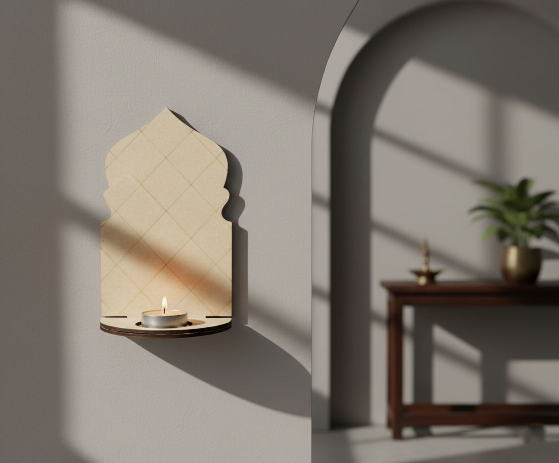 MDF arch backdrop candle stand for DIY decor, tealight and pooja display use mounted on wall