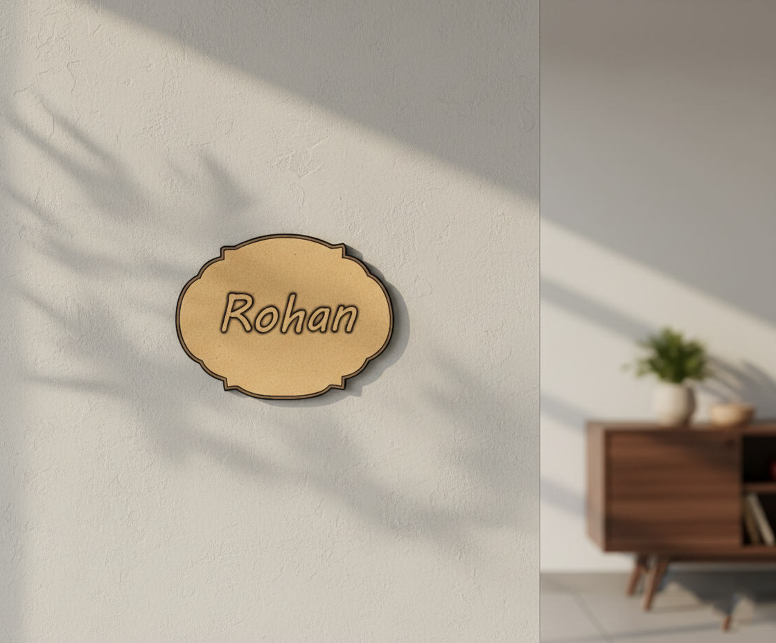 MDF personalized name plate cutout DIY craft wall decor base with engraved name, mounted on wall