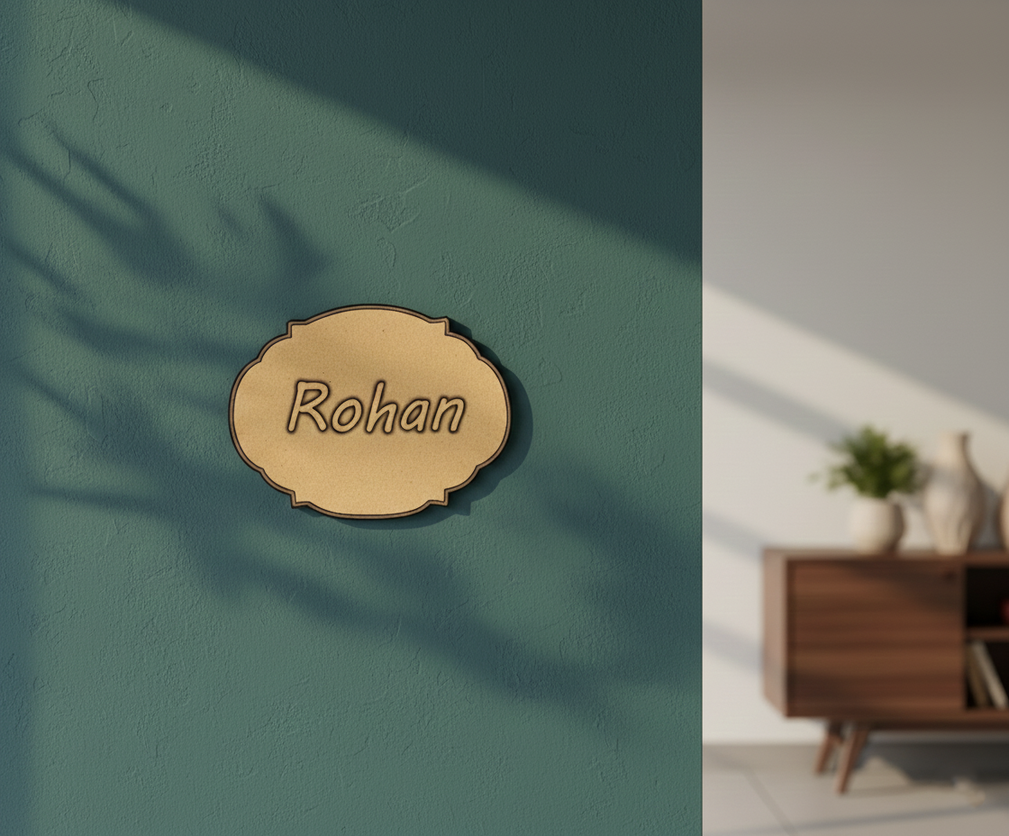 MDF personalized name plate cutout DIY craft wall decor base with engraved name, mounted on wall