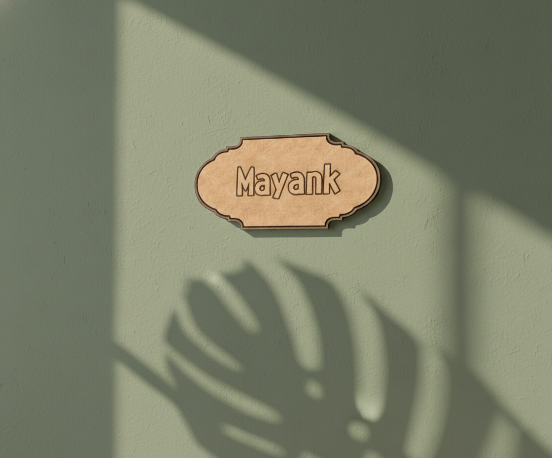 MDF personalized name plate cutout DIY craft wall decor base with engraved name, mounted on wall