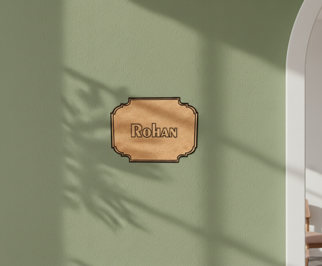 MDF personalized name plate cutout DIY craft wall decor base with engraved name Rohan, mounted on wall