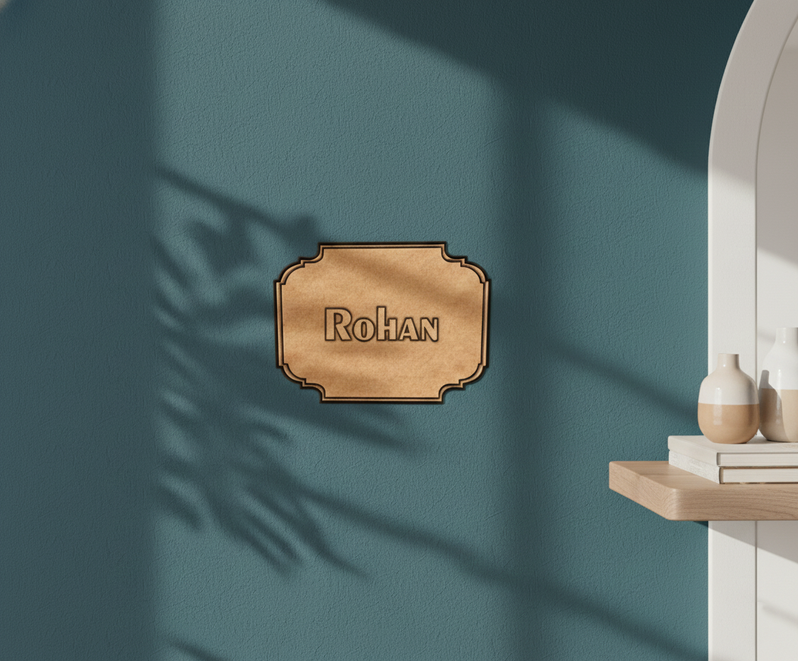 MDF personalized name plate cutout DIY craft wall decor base with engraved name Rohan, mounted on wall