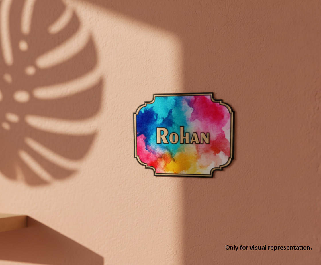 Painted MDF personalized name plate cutout DIY craft wall decor base with engraved name Rohan, mounted on wall