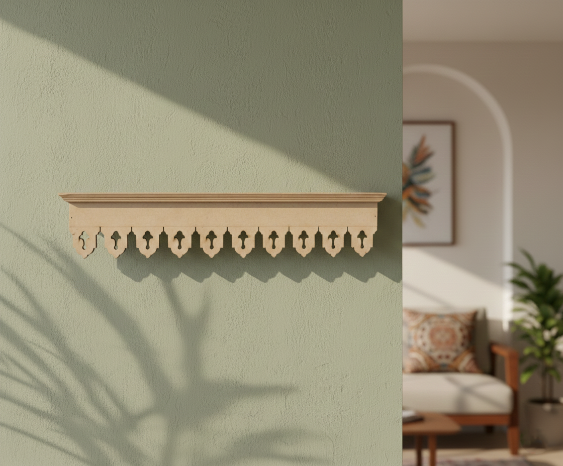 MDF decorative wall shelf bracket laser cut DIY craft home decor base, mounted on wall