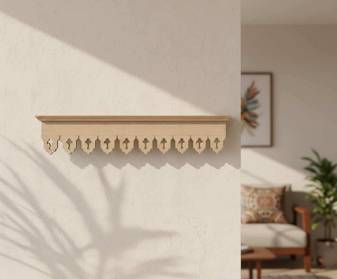 MDF decorative wall shelf bracket laser cut DIY craft home decor base, mounted on wall