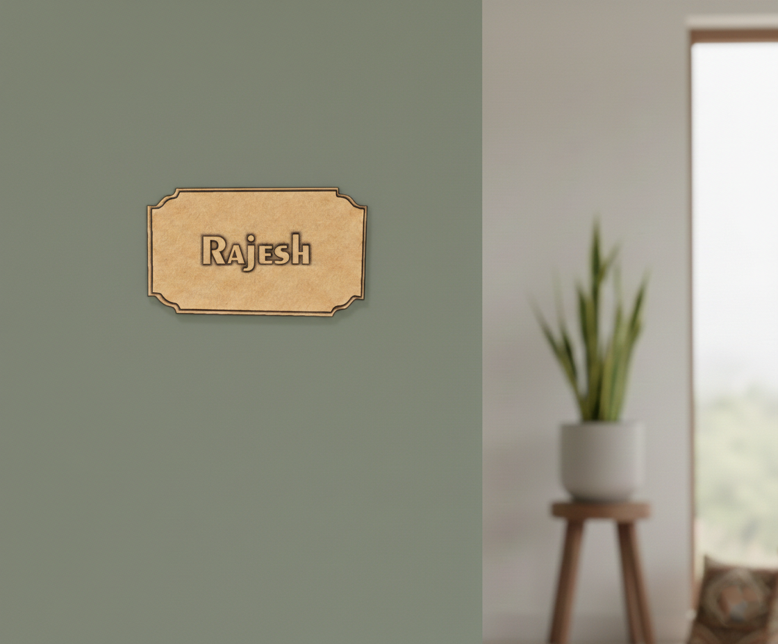 MDF personalized name plate cutout DIY craft wall decor base with engraved name Rajesh, mounted on wall