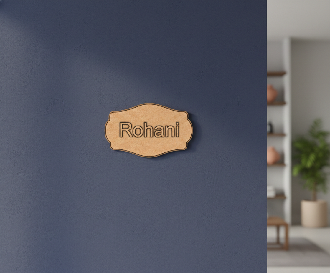 MDF personalized name plate cutout DIY craft wall decor base with engraved name Rohani mounted on wall