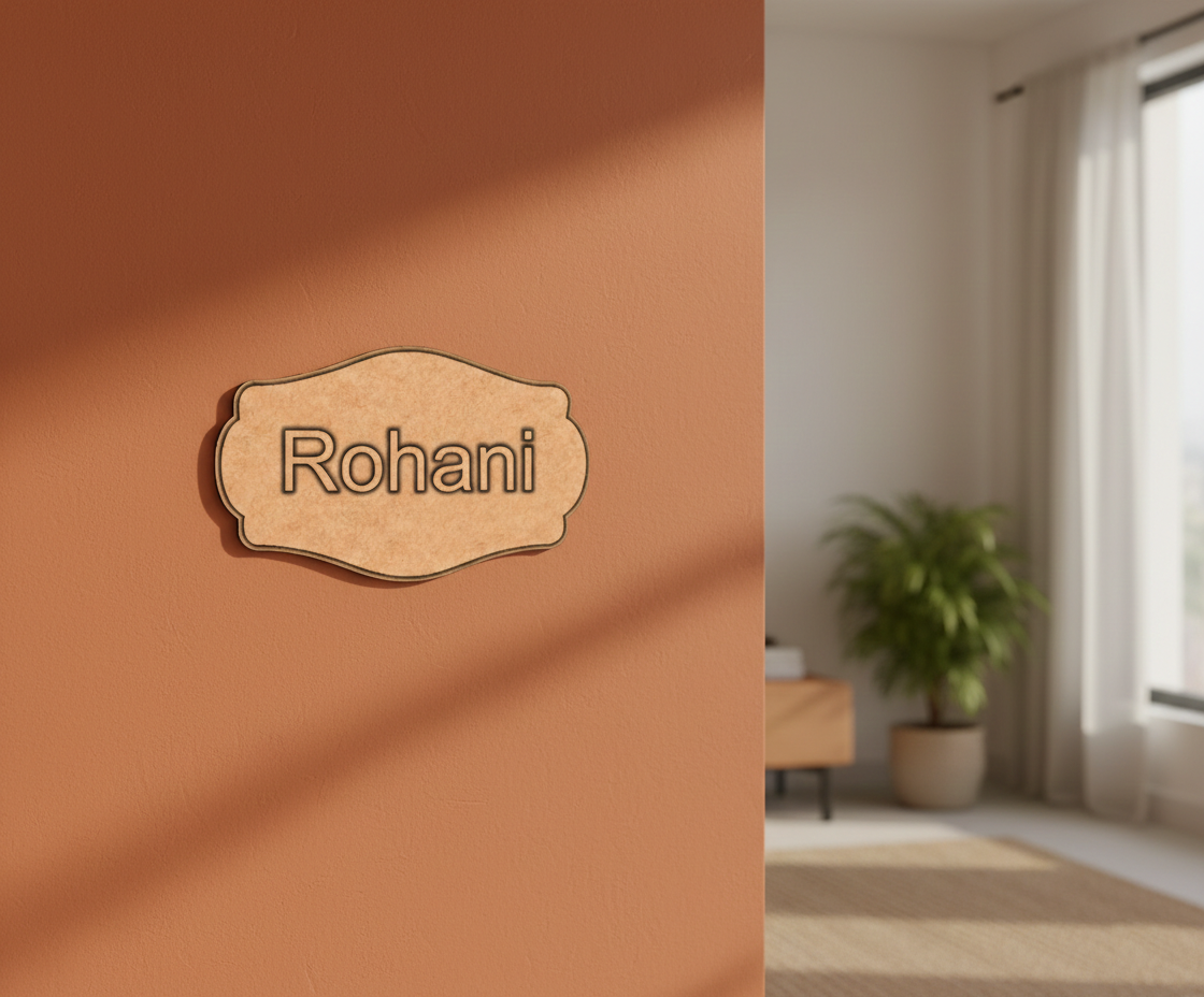 MDF personalized name plate cutout DIY craft wall decor base with engraved name Rohani mounted on wall