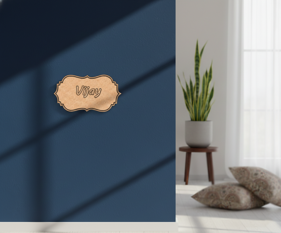 MDF personalized nameplate design DIY craft wall decor base with engraved Vijay text, mounted on wall