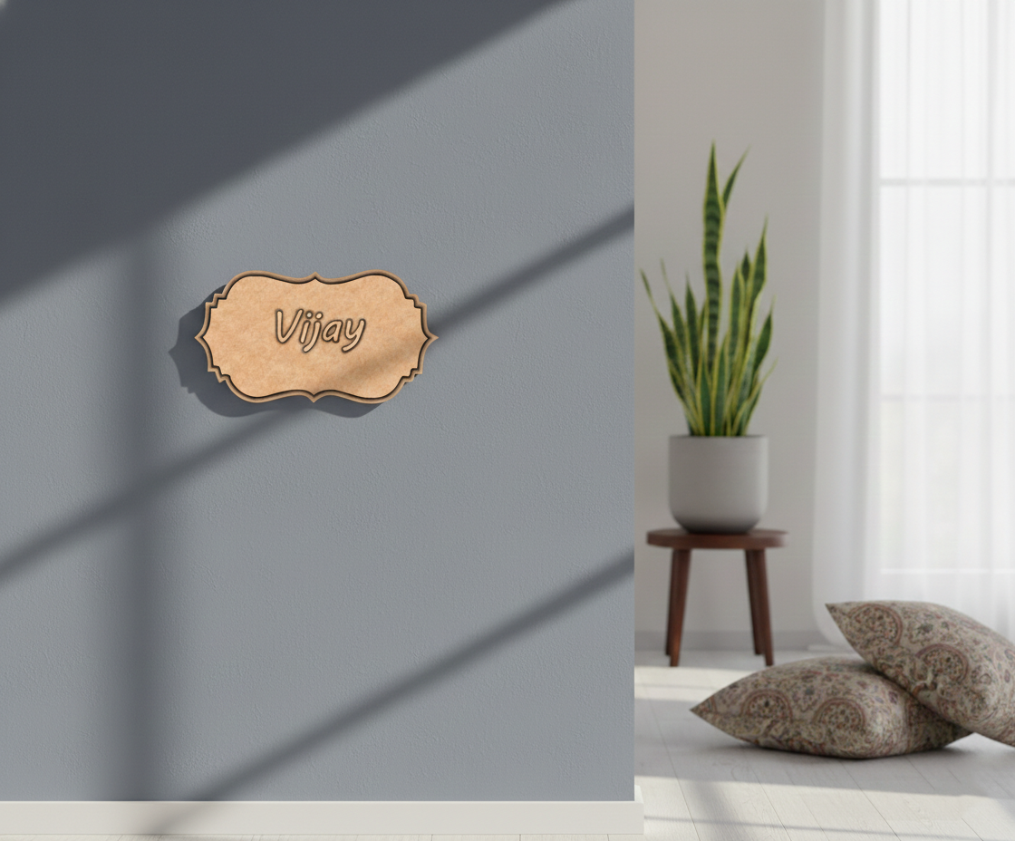 MDF personalized nameplate design DIY craft wall decor base with engraved Vijay text, mounted on wall