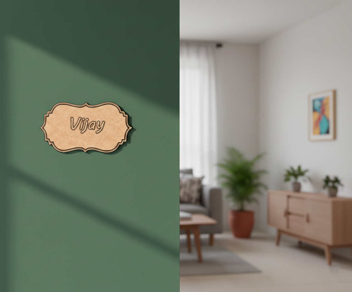 MDF personalized nameplate design DIY craft wall decor base with engraved Vijay text, mounted on wall