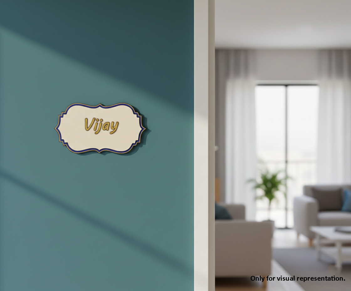 Painted MDF personalized nameplate design DIY craft wall decor base with engraved Vijay text, mounted on wall