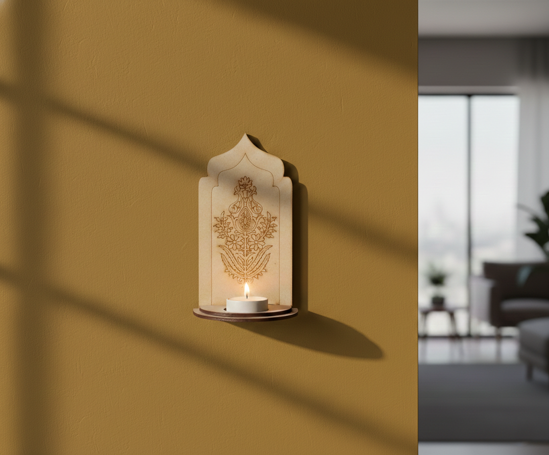 MDF decorative arch stand design DIY craft tea light holder with holding tea light, engraved floral pattern, mounted on wall