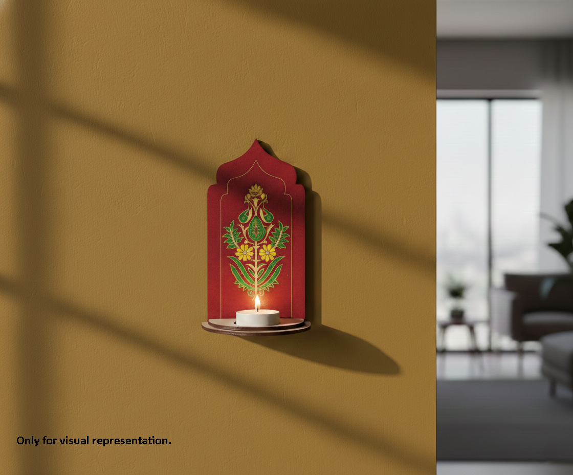 painted MDF decorative arch stand design DIY craft tea light holder with holding tea light, engraved floral pattern, mounted on wall