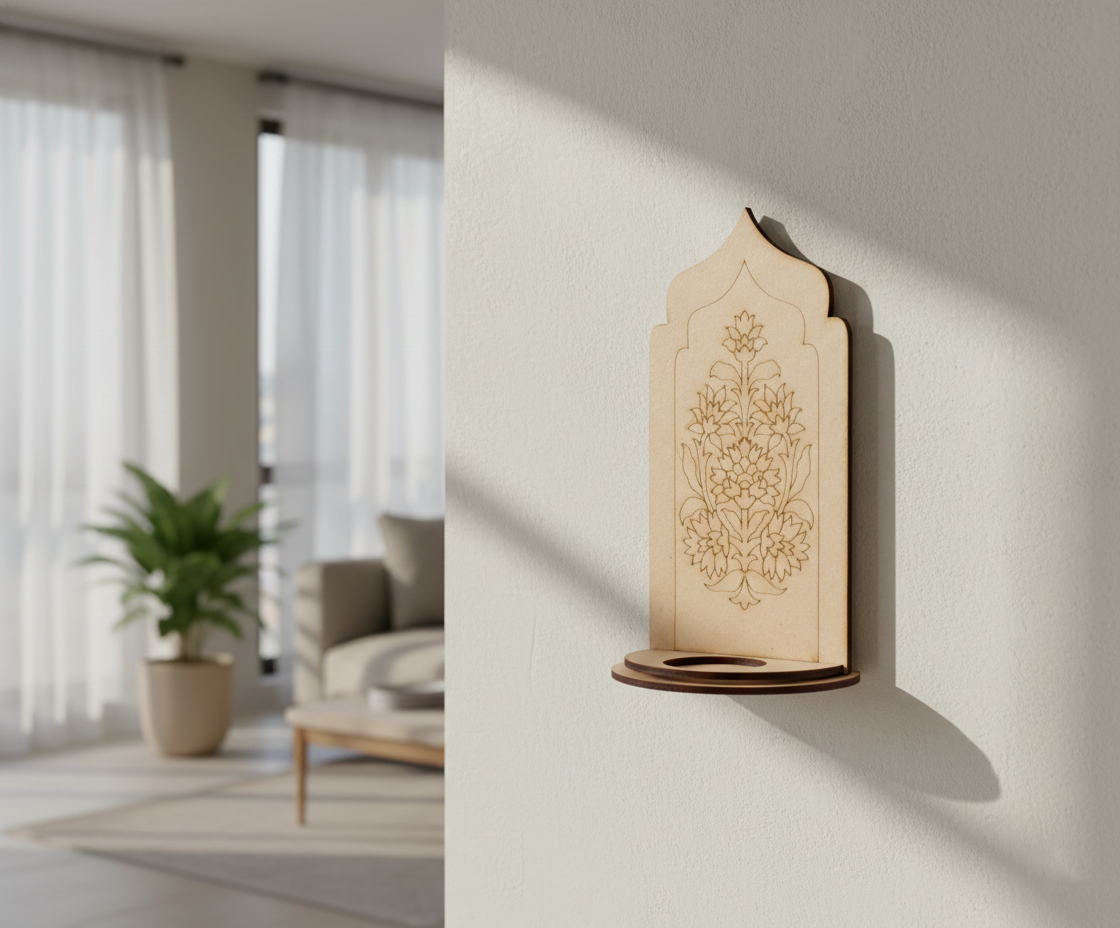 MDF floral arch stand design DIY craft tea light holder with engraved pattern, mounted on wall