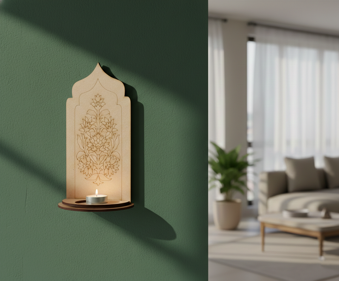 MDF floral arch stand design DIY craft tea light holder with engraved pattern, mounted on wall