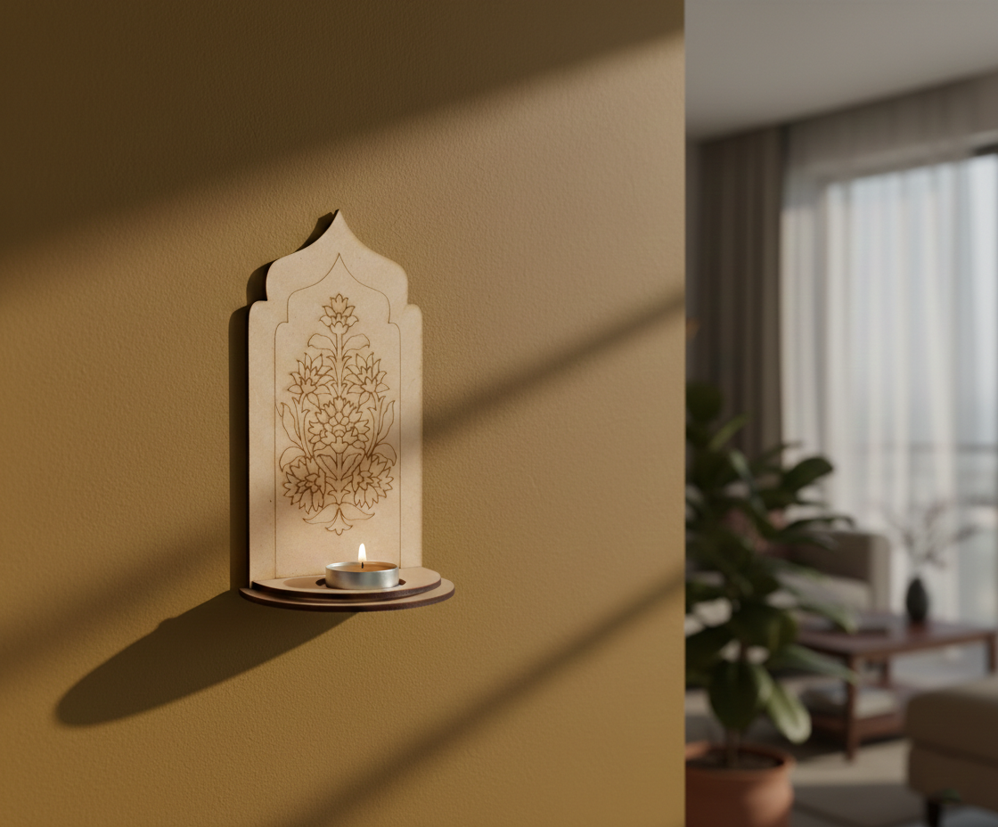 MDF floral arch stand design DIY craft tea light holder with engraved pattern, mounted on wall