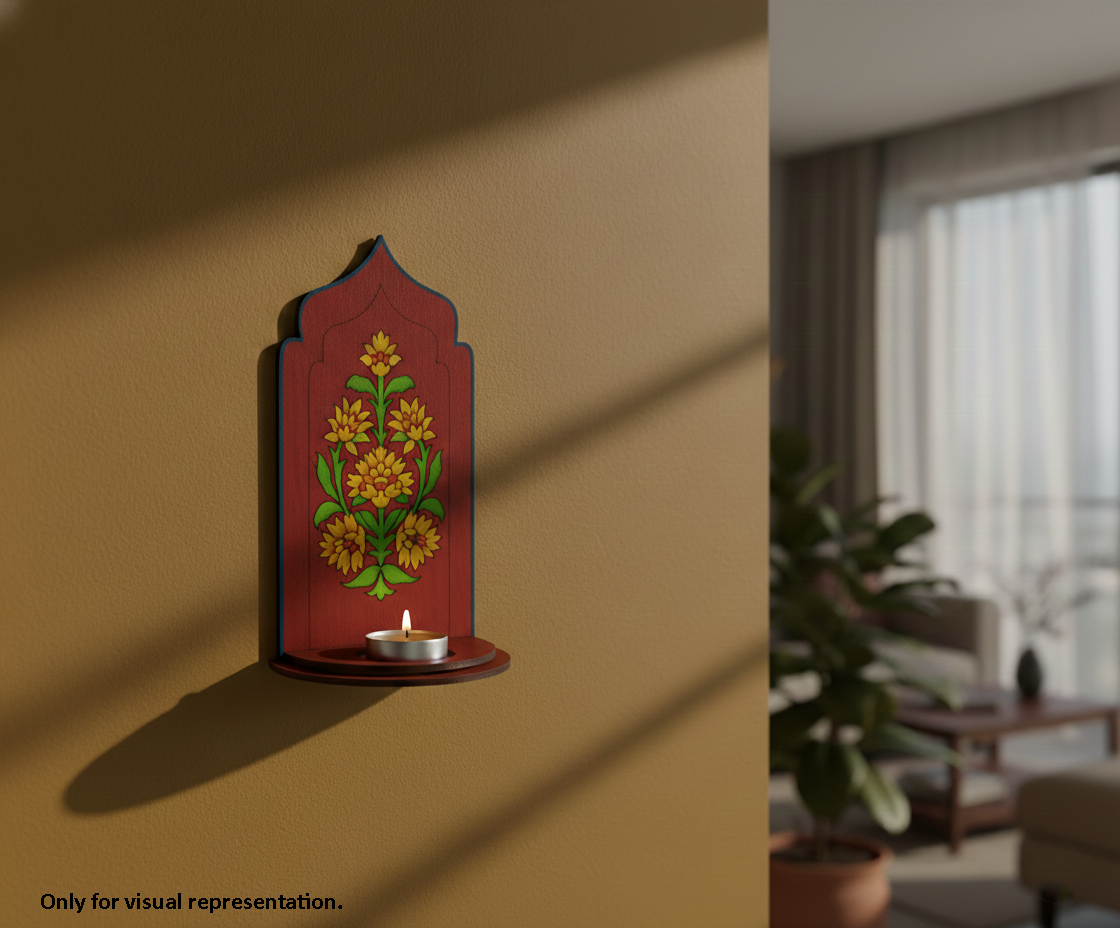 painted MDF floral arch stand design DIY craft tea light holder with engraved pattern, mounted on wall