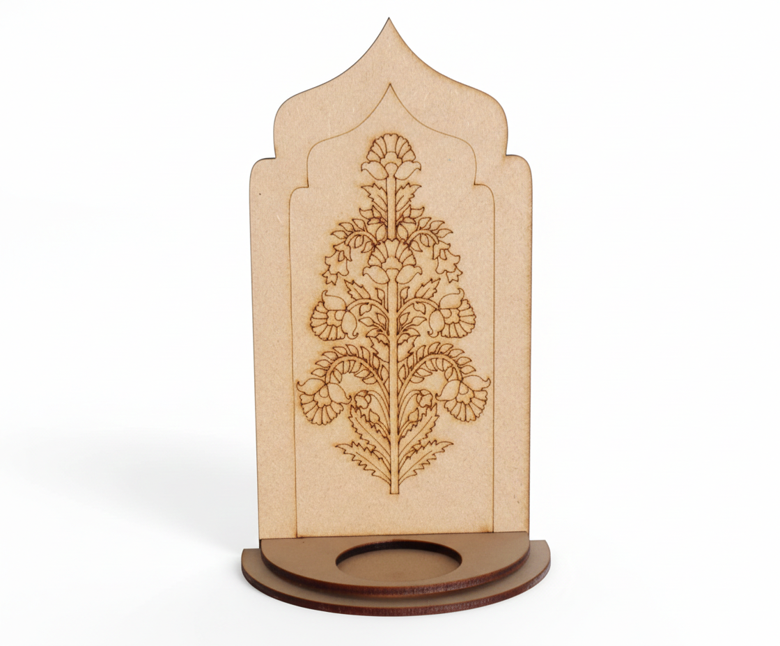 MDF traditional floral arch stand design DIY craft tea light holder with engraved pattern