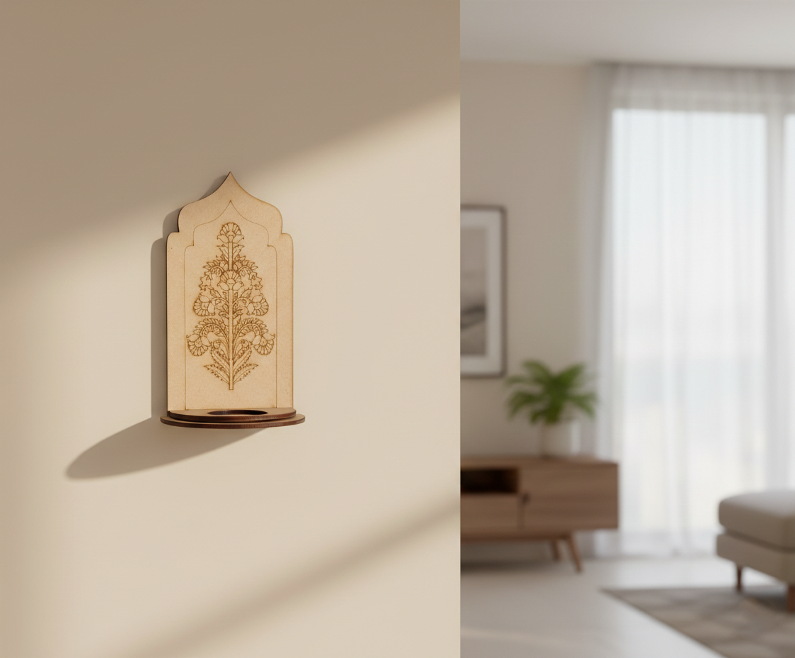 MDF traditional floral arch stand design DIY craft tea light holder with engraved pattern, mounted on wall