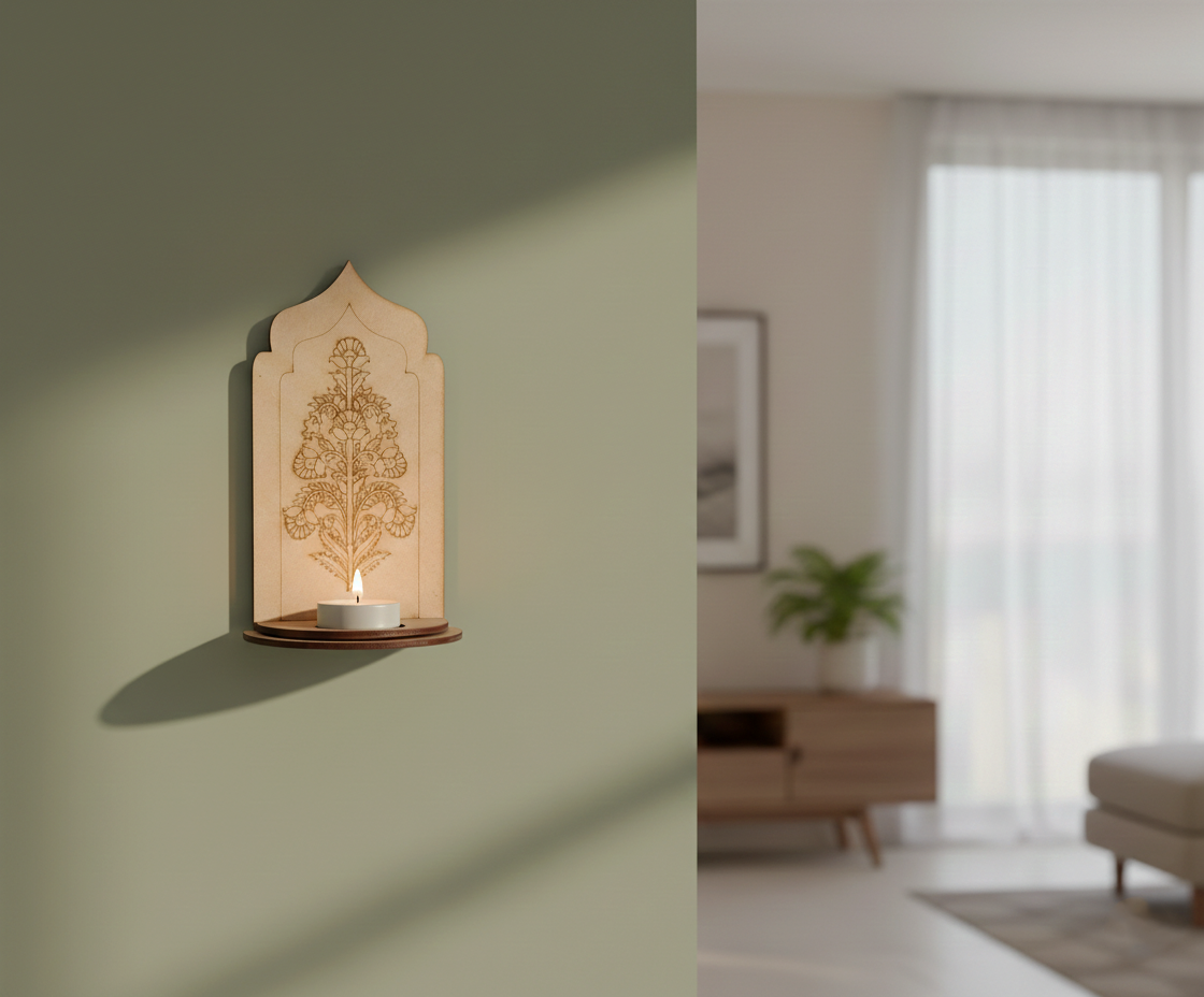 MDF traditional floral arch stand design DIY craft tea light holder with engraved pattern, mounted on wall